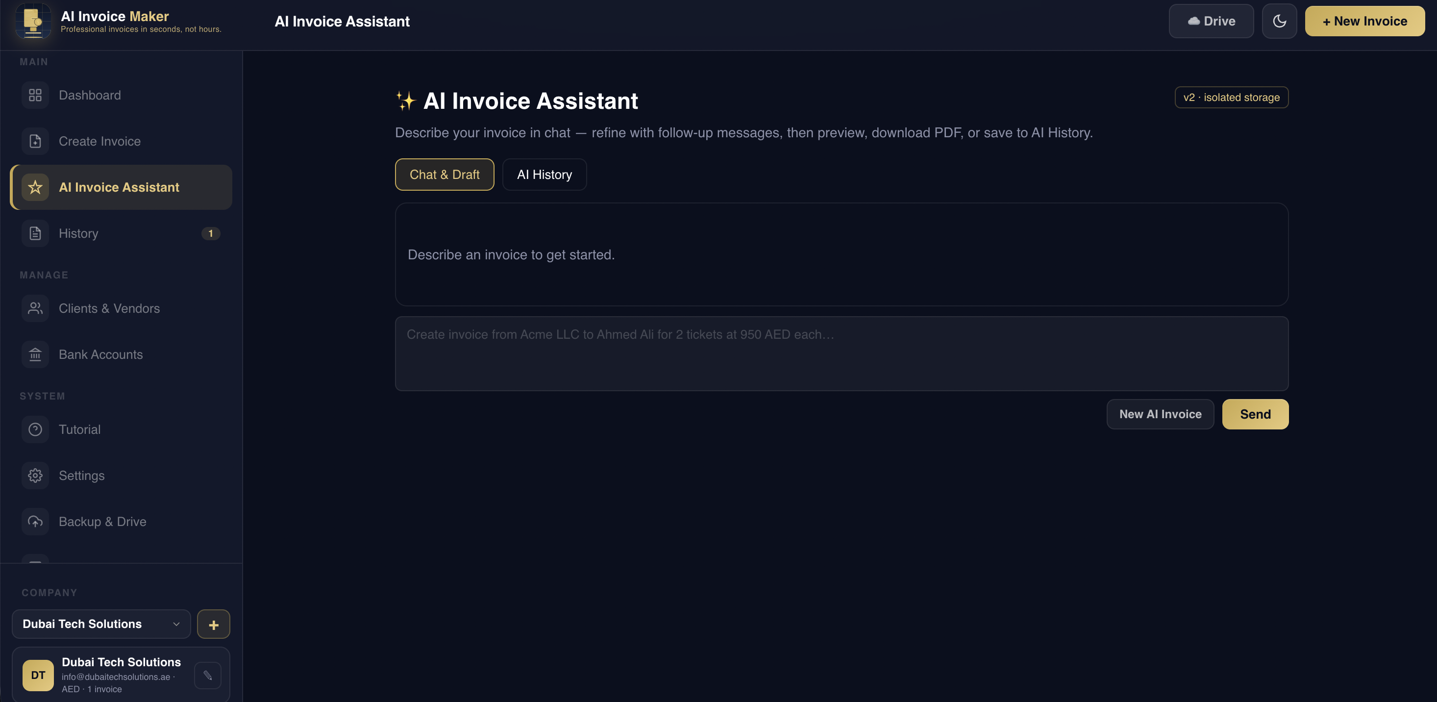 AI Invoice Assistant chat interface with draft card and actions