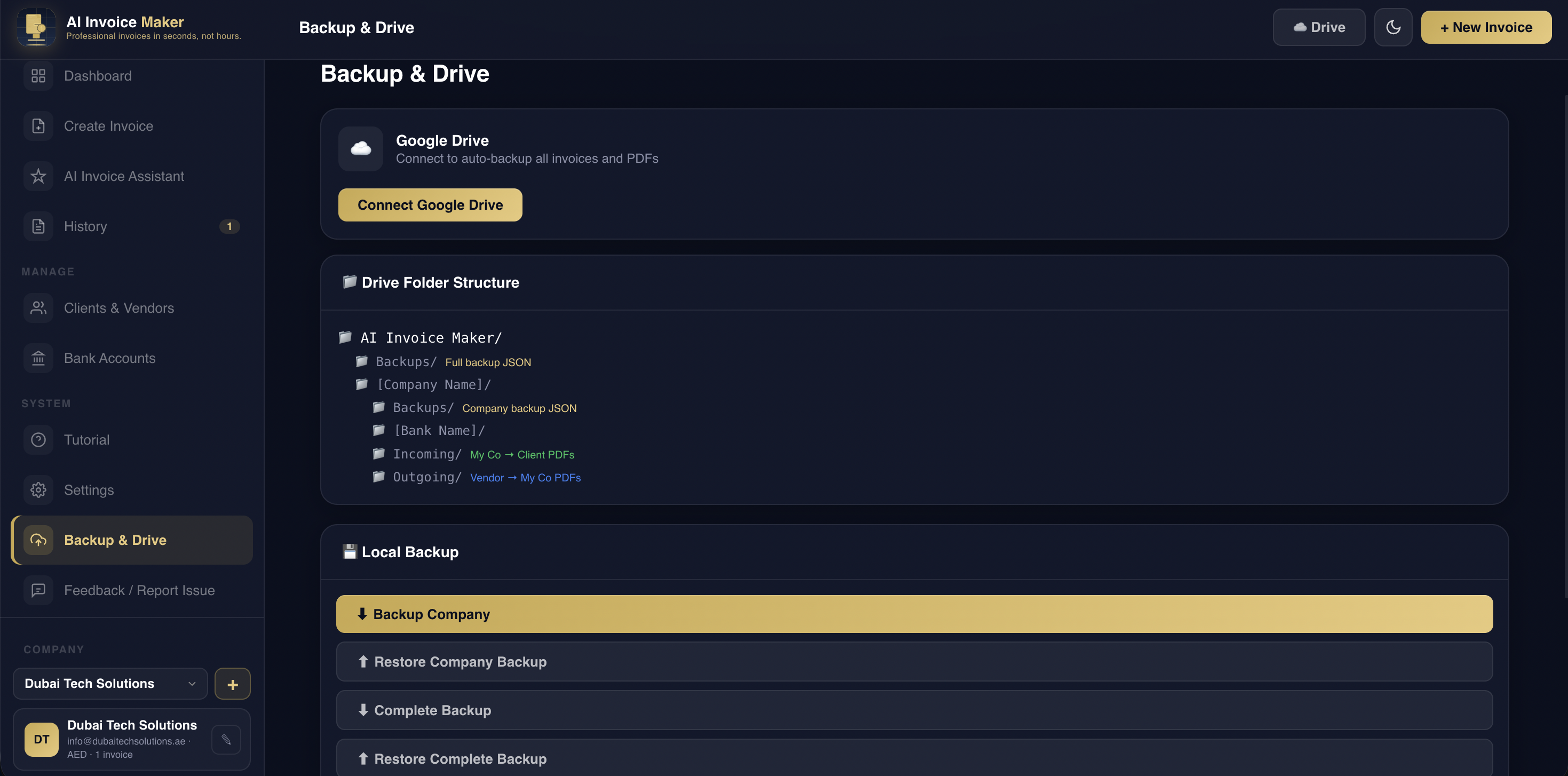 Backup and Drive screen with Google Drive connect, company backup, and PDF sync options