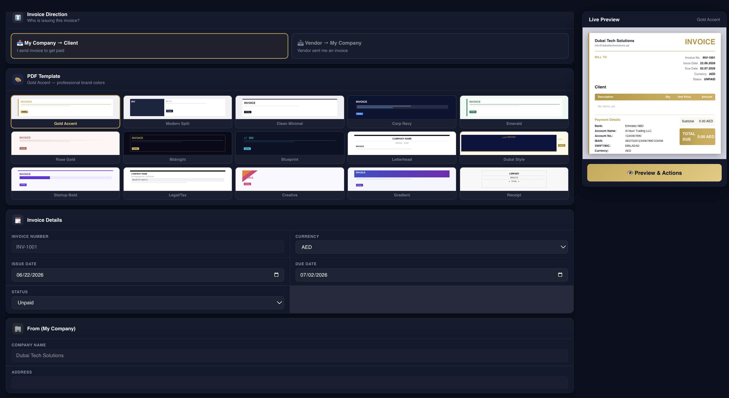 Create Invoice screen for freelancers with live preview and PDF template picker