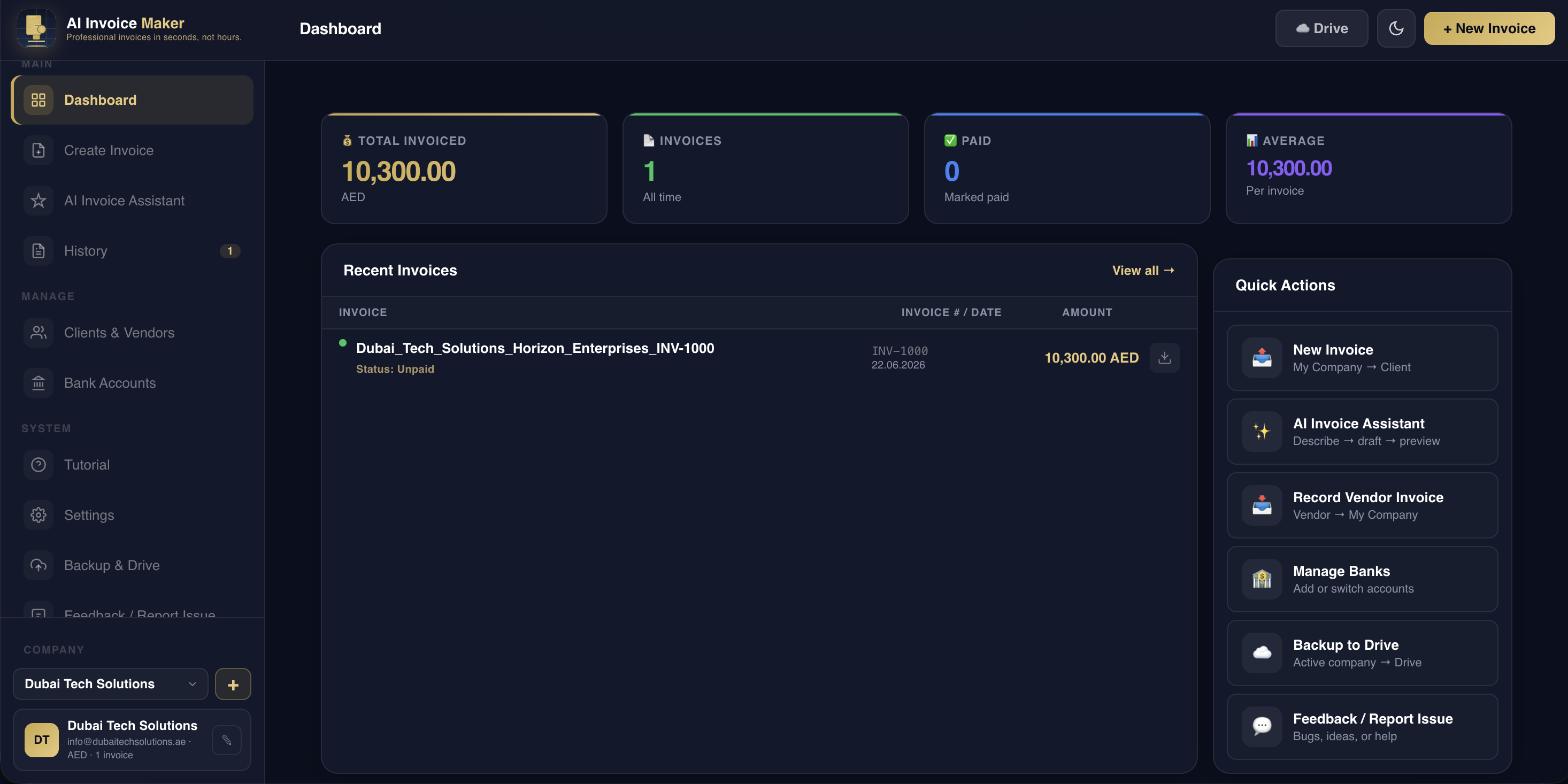 AI Invoice Maker dashboard for small business with statistics, recent invoices, and quick actions