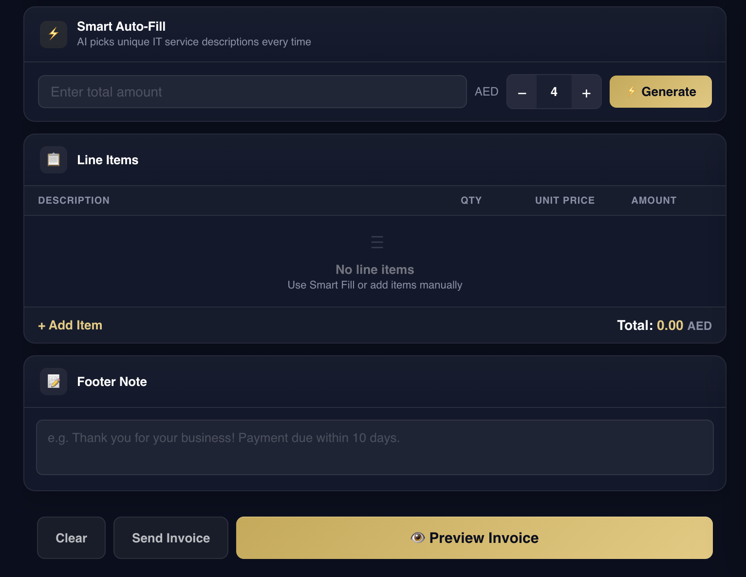 Create Invoice line items and footer note for preparing a business quote PDF