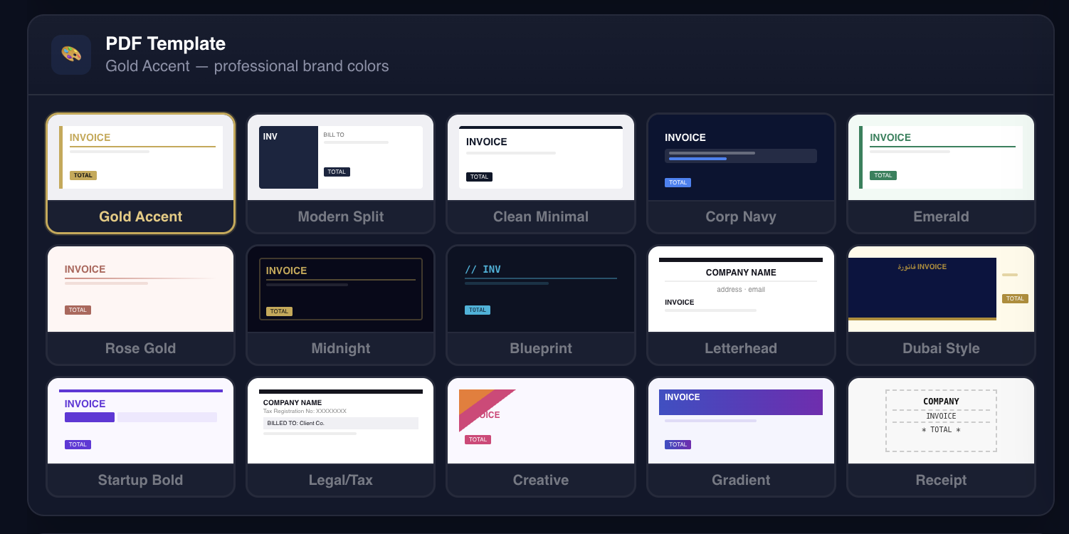 Fifteen PDF invoice template thumbnails on Create Invoice